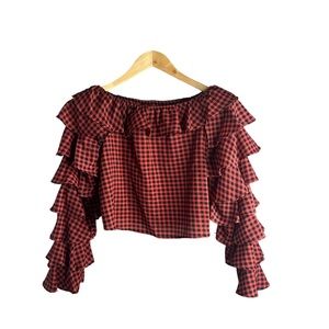 Plaid off the shoulder, ruffle sleeve blouse, vintage, size small